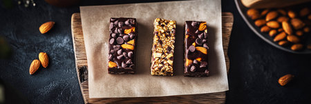 A nutritious breakfast bar featuring a blend of nuts and chocolate chips rests on a piece of parchment paper. Nearby, almonds are scattered across a rustic wooden background, bannerの素材