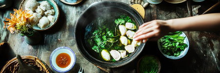 Friends gather around a steaming hot pot filled with vegetables, meats, and seafood. Fresh ingredients are laid out on the table for a cozy dining experience, bannerの素材