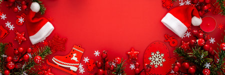 Red Christmas background with fir branches and red Christmas tree toys and balls and candles, bannerの写真素材