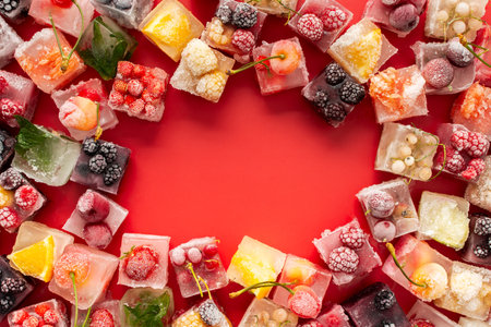 Frame of ice cubes with frozen berries and fruits and mint on red backgroundの写真素材