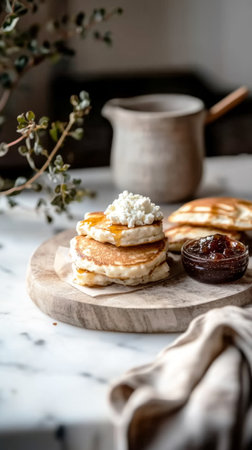 A delightful breakfast board presents fluffy pancakes topped with creamy cheese, bananas, and a side of nuts and jam. This cozy meal is set against a warm, inviting bedroom backdropの素材