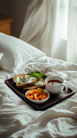 Bright morning light fills a bedroom where a wooden tray holds slices of toast topped with fruit and herbs, accompanied by a warm cup of tea. A comfy blanket adds to the cozy atmosphereの素材