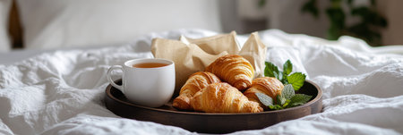 A breakfast tray adorned with fresh croissants, pastries, and tea sits on a bed, surrounded by soft linens and a touch of greenery, creating a warm atmosphere, bannerの素材