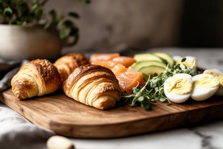 Artfully arranged breakfast board showcases smoked salmon, hard-boiled eggs, sliced avocado, cherry tomatoes, and a flaky croissant, perfect for a leisurely morning mealの素材