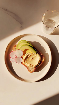 Breakfast consists of a slice of toast topped with creamy hummus, fresh avocado slices, and radish, accompanied by a delicate flower arrangement in sunlightの素材