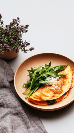A beautifully plated seasonal breakfast showcases a fluffy omelette garnished with fresh arugula and a sprinkle of cheese, perfect for a peaceful morning meal.の素材