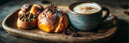 A delightful breakfast spread showcases fresh pastries filled with nuts, accompanied by a warm spiced beverage, all presented on a rustic wooden tray.の素材