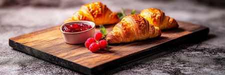 Croissants are artfully arranged on a rustic black plate, paired with a small bowl of jam and an assortment of fresh berries, creating an inviting breakfast presentation, bannerの素材