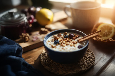 A cozy breakfast setting features a bowl of yogurt topped with granola and blueberries.の素材