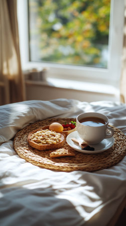A delightful breakfast spread features a bowl of granola topped with fruit and an egg, with grapes and a cup of drink. Sunlight filters in through the window, enhancing the cozy atmosphereの素材