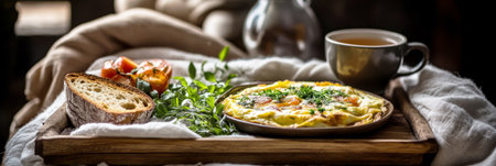 Enjoying a hearty breakfast featuring a fluffy omelet, fresh bread, and a warm cup of tea while relaxing in a cozy setting during a lazy morning at home, bannerの素材