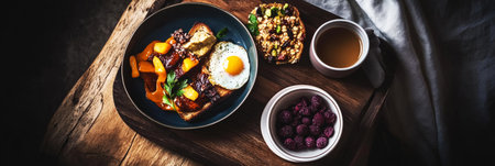 Savor a delectable breakfast featuring vibrant fruits, a sunny-side-up egg, and a rich cup of coffee, perfect for relaxing on a slow, enjoyable morning at home, bannerの素材