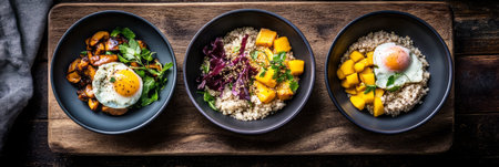 Bright and colorful breakfast spread includes bowls of grains, vegetables, fresh fruits, and a sunny side up egg arranged on a rustic wooden board in a warm kitchen, bannerの素材