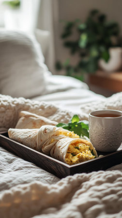 Breakfast features warm scrambled eggs wrapped in soft tortillas, placed on a wooden tray alongside a steaming cup of coffee in a cozy, inviting bedroom.の素材