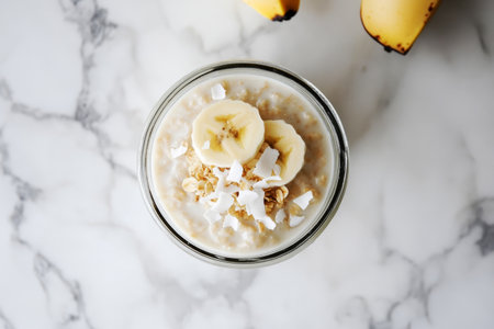 Jar breakfast features creamy oats topped with slices of banana and toasted coconut, prepared for a nutritious morning at home. Ideal for busy schedules or leisurely weekendsの素材