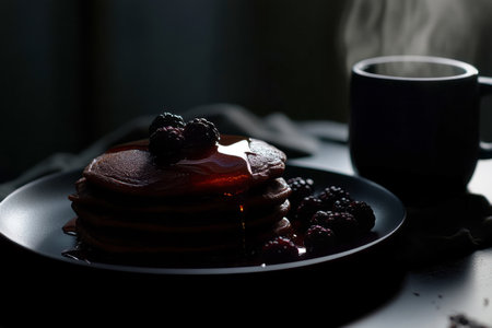 Stack of warm pancakes glistening with syrup and topped with fresh blackberries sits on a dark plate. A steaming cup nearby hints at a relaxing breakfast experience during lazy morningsの素材