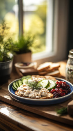 Enjoy an inviting breakfast spread showcasing beautifully crafted toast topped with tender chicken, fresh cucumber slices, and a hint of dill, set in a sunlit kitchenの素材