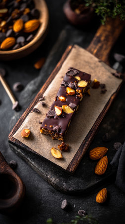 Indulging in rich chocolate bars topped with crunchy almonds on a rustic wooden platter, accompanied by a bowl of nuts and a warm beverage in a calm morning atmosphereの素材