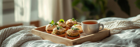 A cozy breakfast is being enjoyed in a softly lit bedroom. A wooden tray holds assorted pastries topped with cream and mint, accompanied by a cup of warm tea, perfect for a relaxing morning.の素材