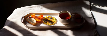 A delightful breakfast plate features a colorful dish garnished with edible flowers, served alongside a cup of tea, capturing the essence of a leisurely morning in a cozy setting, bannerの素材