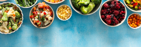 Frozen summer vegetables like peas, carrots, and beans neatly displayed on plates, set against a calming blue background, preserving their freshness for winter use, bannerの写真素材