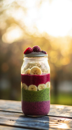 A vibrant layered smoothie in a glass jar, showcasing green, red, and yellow hues, topped with berries and mint, enhancing a cheerful breakfast atmosphereの素材