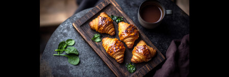 Four golden-brown croissants rest on a wooden tray alongside a steaming cup of coffee, with fresh spinach leaves adding a touch of color in the morning sunlight.の素材