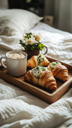 A wooden tray holds fresh croissants, greens, and a cup of coffee, all resting on a bed with soft, white linens. Perfect for a relaxed morning meal at homeの素材