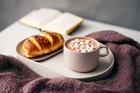 Enjoying a cup of rich hot chocolate topped with marshmallows alongside a delicious slice of toast with melted cheese, perfect for a relaxed weekend morningの素材