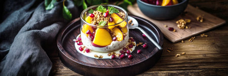 Delightful jar breakfasts showcase layers of creamy yogurt, crunchy granola, and vibrant fruits like peaches and pomegranate, garnished with fresh mint, perfect for any morning, bannerの素材