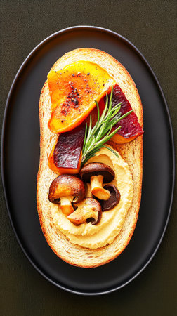 A crusty slice of bread is topped with a colorful spread of bright tomatoes, mushrooms, and herbs, creating a visually appealing and appetizing dish suitable for any mealの素材