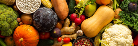 A collection of ripe fresh organic seasonal vegetables from an autumn farm harvest, organic local...