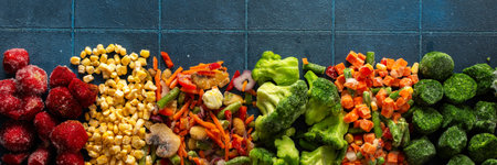 Colorful and fresh banner design featuring frozen vegetables, highlighting the preservation of...
