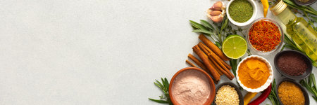 A wide selection of cooking spices and herbs on a gray background, perfect for adding depth to any...