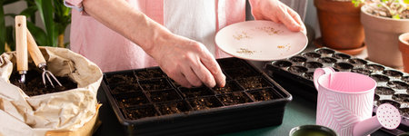 A man sows tomato seeds into a seed tray at home, surrounded by gardening tools and seed packets. He...