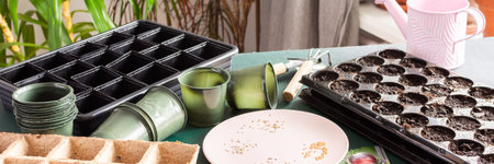 Garden enthusiast prepares to plant tomato seeds in seedling trays at home, surrounded by gardening...