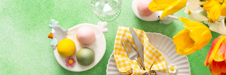 A beautifully arranged Easter table setting showcases a decorative egg nestled in a yellow napkin,...
