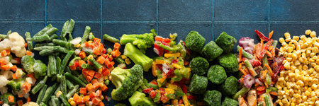 Eye-catching banner with frozen vegetables, emphasizing the vibrant, seasonal process of freezing...