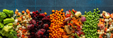 Eye-catching banner with frozen vegetables, emphasizing the vibrant, seasonal process of freezing...