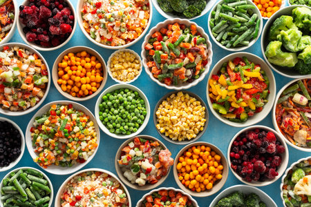 Fresh vegetables frozen in summer, neatly arranged in plates, ready for winter meals, showcasing vibrant colors and healthy options for future cooking, , vegetables in plates on a blue backgroundの写真素材