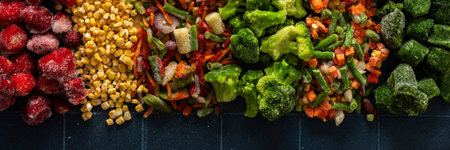 Colorful and fresh banner design featuring frozen fruits and vegetables, highlighting the preservation of organic produce for winter and promoting a healthy lifestyleの写真素材