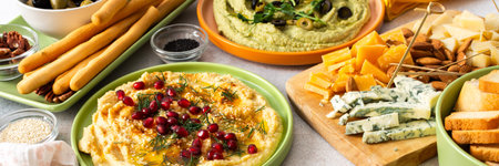 A vibrant spread showcases different types of hummus including classic, beetroot, broccoli, and turmeric. Accompanied by olives and breadsticks, it invites sharing and enjoymentの写真素材