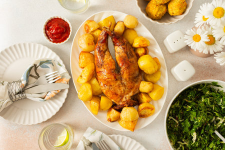 A hearty meal features a beautifully baked rabbit surrounded by golden potatoes, Accompanying the...