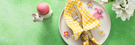 A vibrant Easter table setting features yellow checkered napkins wrapped with twine, a decorative...