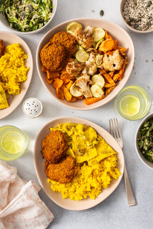 A colorful spread featuring rice with rhubarb fried eggs, baked sweet potato, and sauteed cauliflower and zucchini.の写真素材