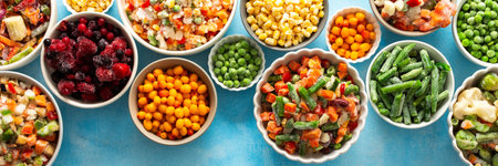 Frozen summer vegetables like peas, carrots, and beans neatly displayed on plates, set against a...