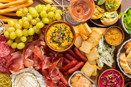 Taste a variety of flavors with this charcuterie board filled with cheese, sausages, hummus, nuts,...