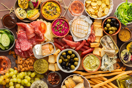 Enjoy a vibrant charcuterie board filled with assorted cheeses, savory sausages, creamy hummus, nuts, and colorful vegetables. Perfect for sharing at a casual gatheringの写真素材