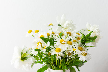 Fresh daisies are arranged in a decorative vase, brightening up a light room. The soft pink tablecloth enhances the cheerful atmosphere, showcasing spring flowersの写真素材