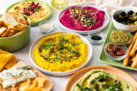 A variety of hummus flavors including turmeric, classic, and broccoli are served with fresh bread, nuts, and garnishes on a colorful charcuterie board, perfect for sharingの写真素材